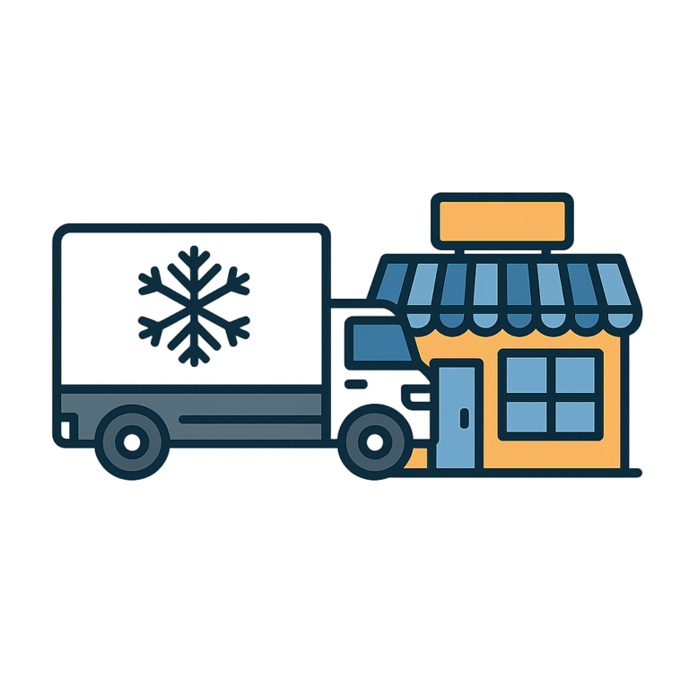 Icon of a delivery truck with a snowflake symbol beside a small storefront with an awning, illustrating refrigerated freight transport for cold or frozen goods delivery to stores.