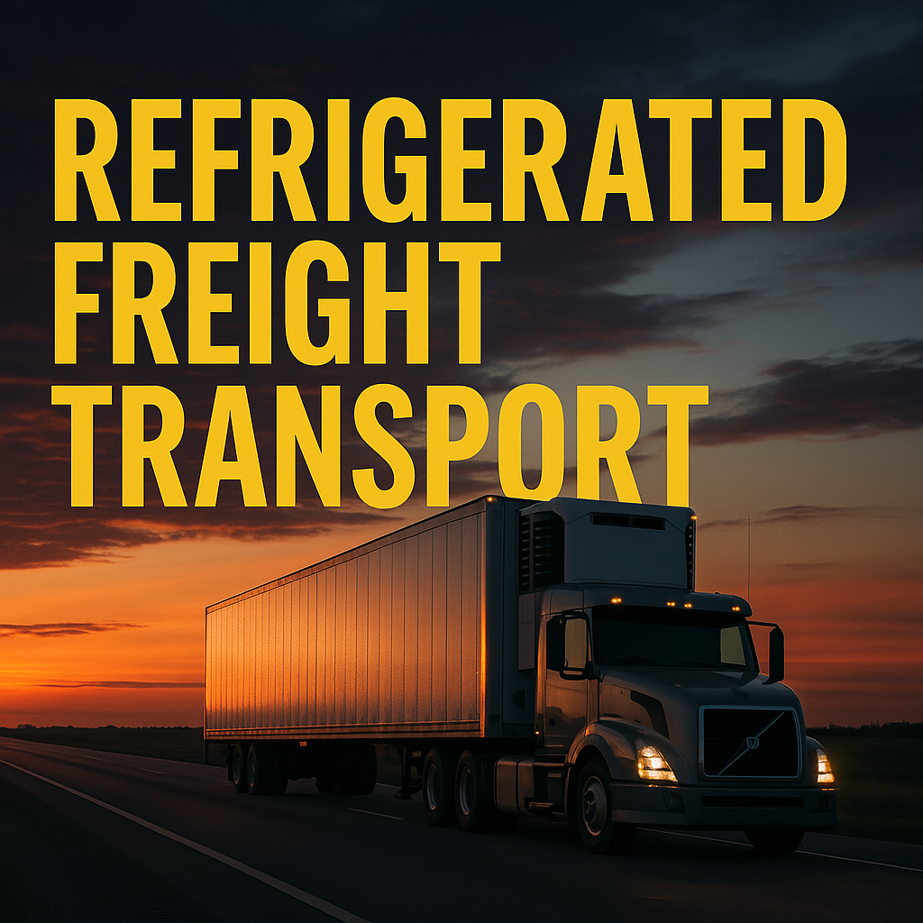 A large refrigerated freight truck cruises down an open highway at sunset beneath a dramatic sky. Prominently displayed in bold yellow letters above the truck are the words "Refrigerated Freight Transport Services.