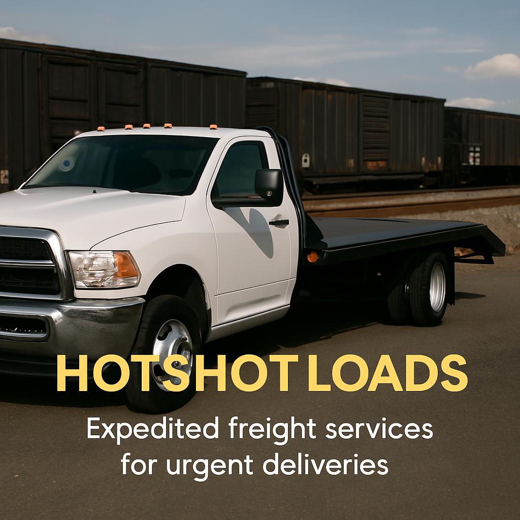 A white pickup truck with a flatbed trailer sits in an industrial area. Bold yellow and white text declares, "HOTSHOT LOADS: Expedited freight services for urgent deliveries." In the background, freight train cars complement the cloudy sky, highlighting the efficiency of our services.