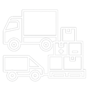 Outline of two delivery trucks with boxes in black and white symbolizes an LTL freight transfer. One truck is larger and positioned above the other, with boxes stacked on a pallet nearby. The design features a glowing effect.