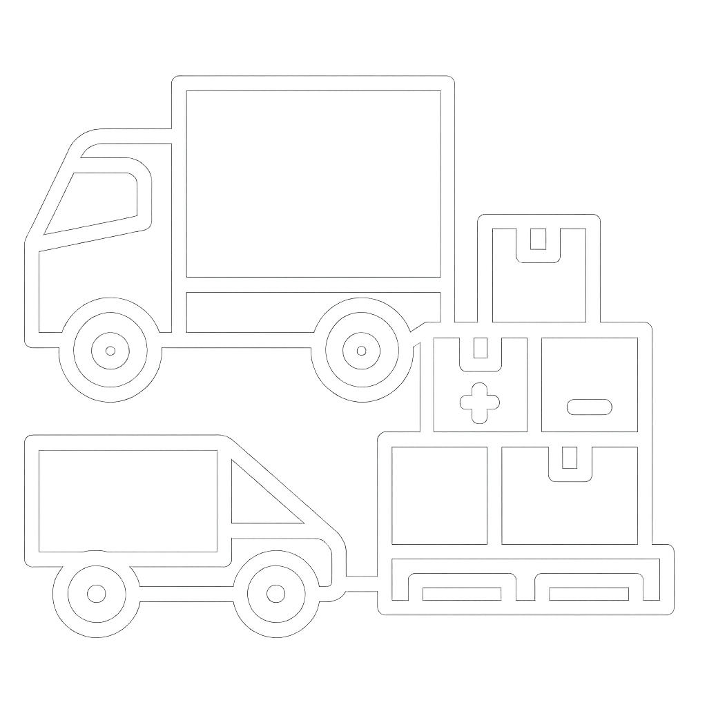 Outline of two delivery trucks with boxes in black and white symbolizes an LTL freight transfer. One truck is larger and positioned above the other, with boxes stacked on a pallet nearby. The design features a glowing effect.