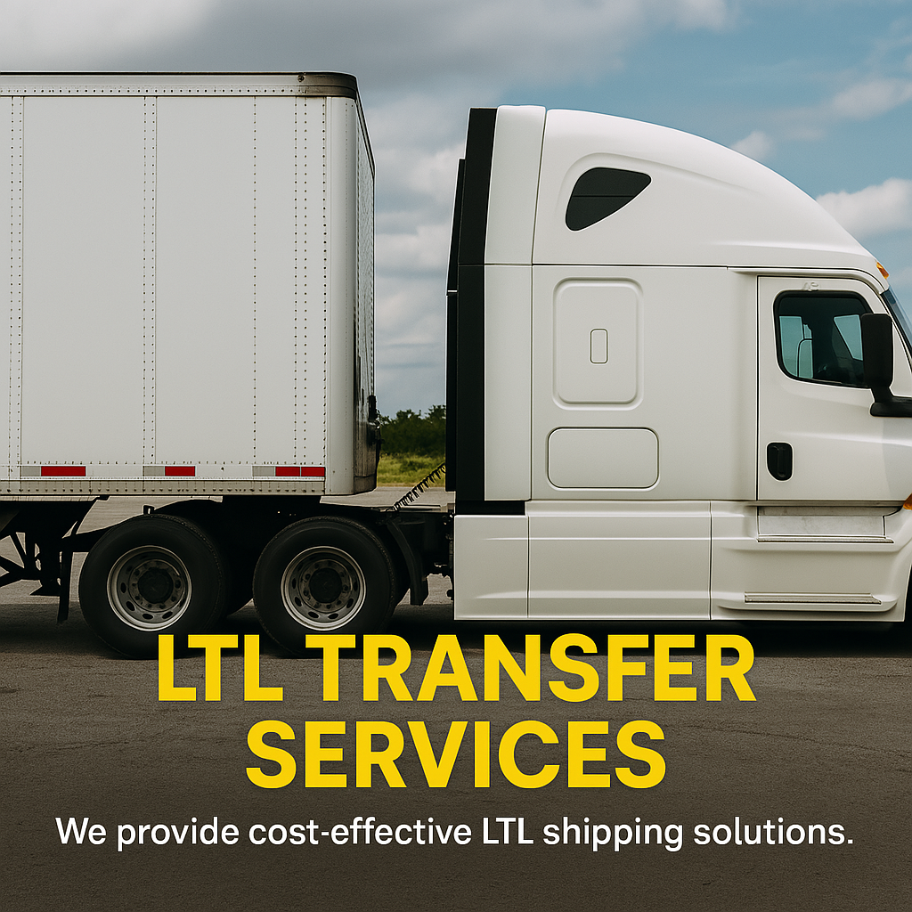 A white semi-truck with an attached trailer is parked on a road. Large yellow text reads "LTL Transfer Services." Smaller white text below says, "We provide cost-effective LTL shipping solutions." A cloudy sky looms in the background, framing the promise of reliable services.