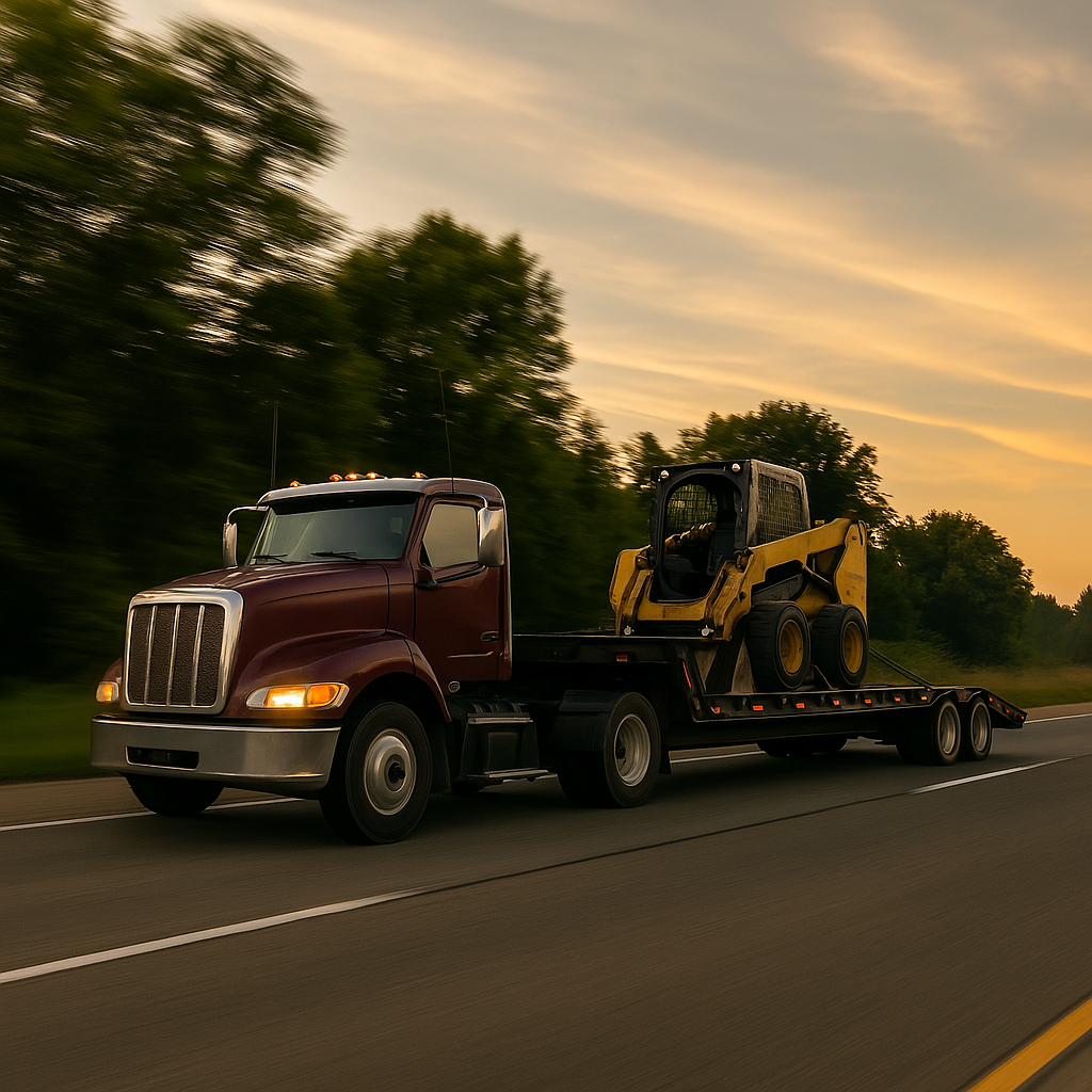 A maroon semi-truck from a reputable haulage service transports a yellow skid steer loader on a flatbed trailer down the highway. The sun sets in the background, casting a warm glow over the trees lining the road.