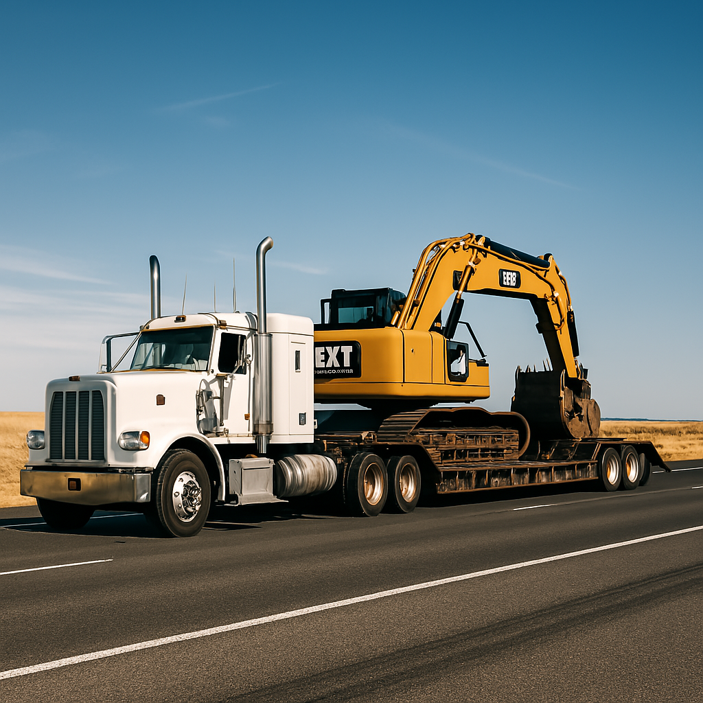 A white semi-truck is providing essential transport services, hauling a large yellow excavator on a flatbed trailer along the highway. The scene is set against open fields under a clear blue sky.