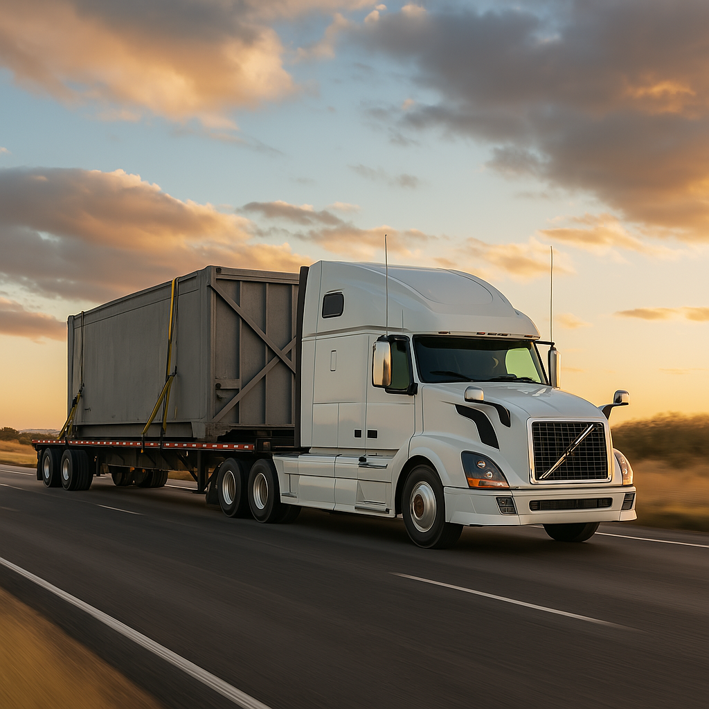 A white semi-truck with an empty flatbed trailer offers its services on the highway during sunset. The open road stretches ahead, while the sky is filled with dramatic clouds, crafting a picturesque scene.
