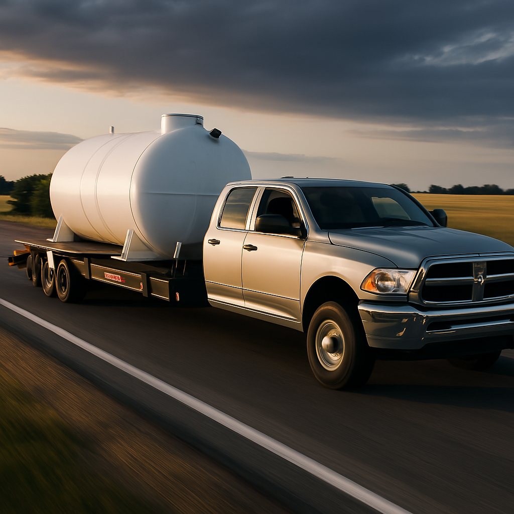 A silver pickup truck drives on a highway, towing a trailer with a large white cylindrical tank. As the sun sets, casting a warm glow over the landscape, the truck seems dedicated to delivering essential services across these sunlit roads.