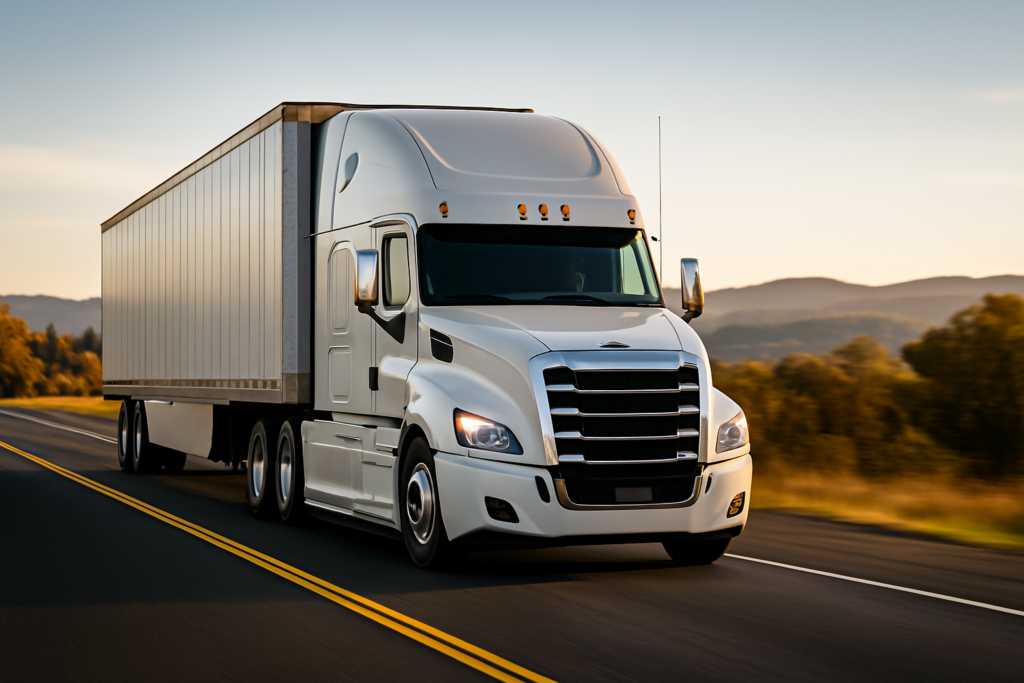 A white semi-truck with a large trailer travels down a highway, making swift contact with the road. The surrounding trees blur as the sky remains clear, suggesting early morning or late afternoon. Hills rise in the distance.