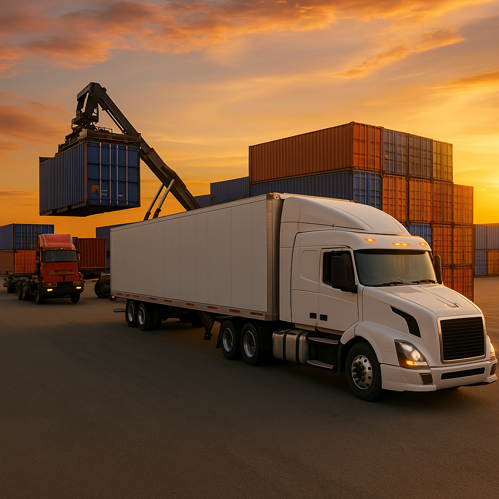 A white semi-truck is parked on asphalt in front of stacked shipping containers at sunset, showcasing efficient logistics services. A crane lifts a blue container while a red truck lingers in the background beneath an orange dusk sky.