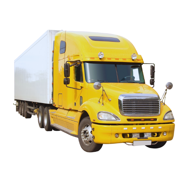 A bright yellow semi-truck from RDT Enterprises, with a white trailer, stands isolated on a white background. Seen from a front-side angle, it showcases its cab and attached trailer, reflecting the precision and quality assurance of their freight services through visible wheels and chrome details.