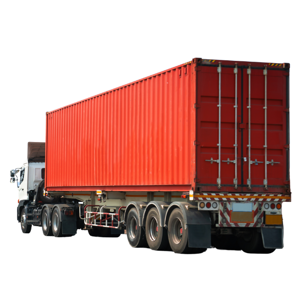 A white truck from RDT Enterprises is hauling a large red shipping container on the highway. The container, emblematic of their top-notch freight services, is securely fastened to the trailer. Captured from a rear angle, the truck's wheels and the container's locked doors are prominently displayed.