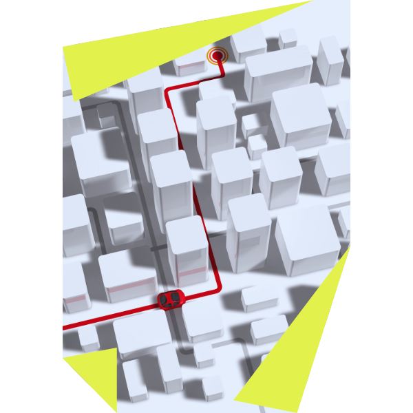 A 3D illustration of a cityscape with white block-style buildings showcases RDT Enterprises' trucking company. A red line traces a route through the city, starting from a truck and ending at a red location marker. Yellow triangular shapes frame the top corners of the image.