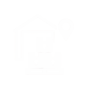Icon of a warehouse with a roof and location marker. Three stacked boxes with upward arrows are placed under the roof, symbolizing storage or LTL freight transfer logistics.